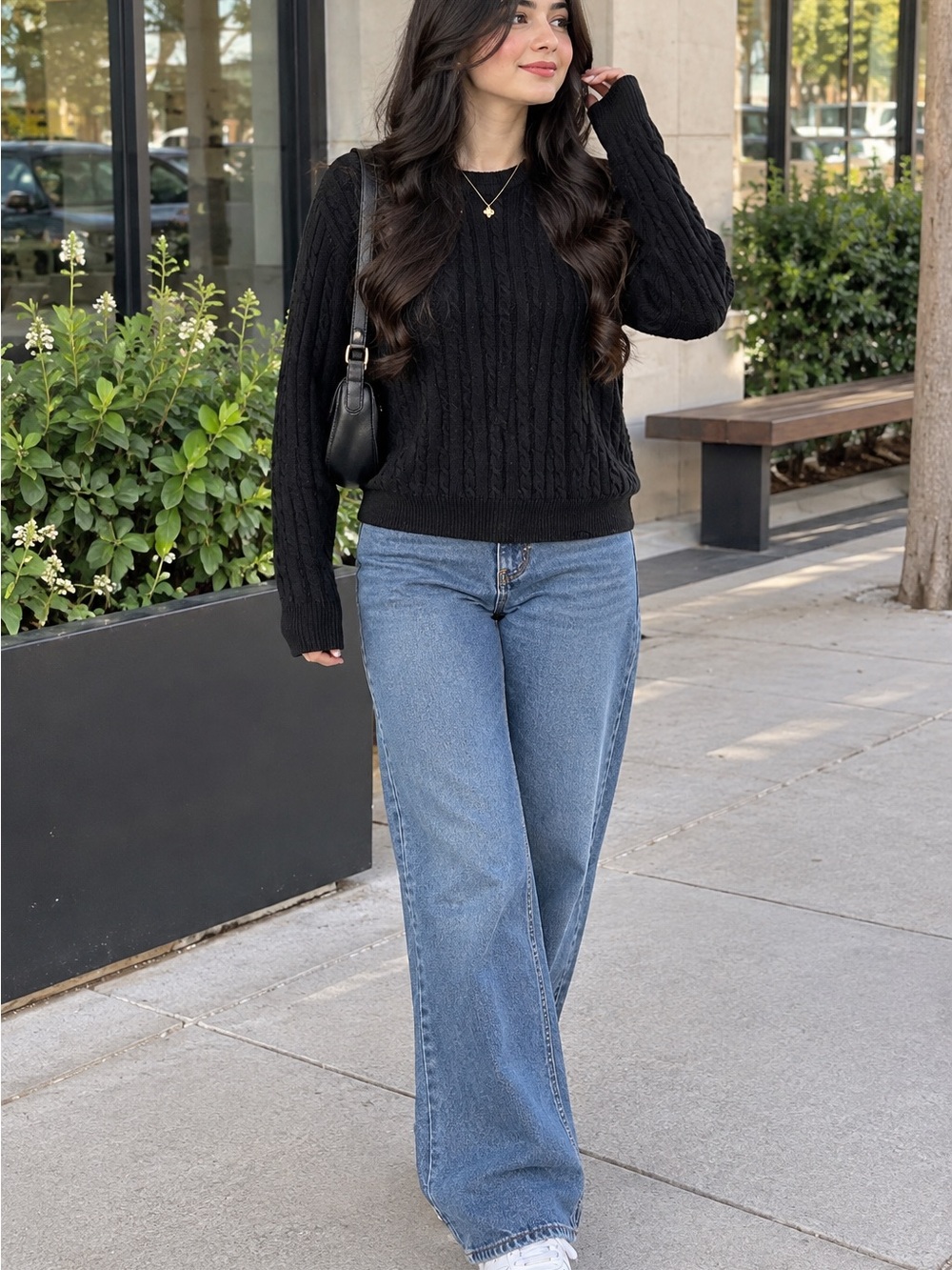 Women’s Black Cable-Knit Sweater - Classic Crewneck